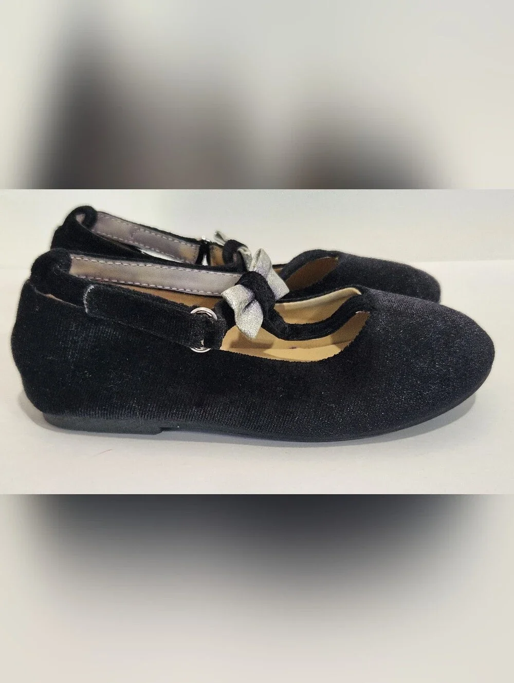 Gymboree Black Velvet T-Strap Ballet Flats with Silver Bow